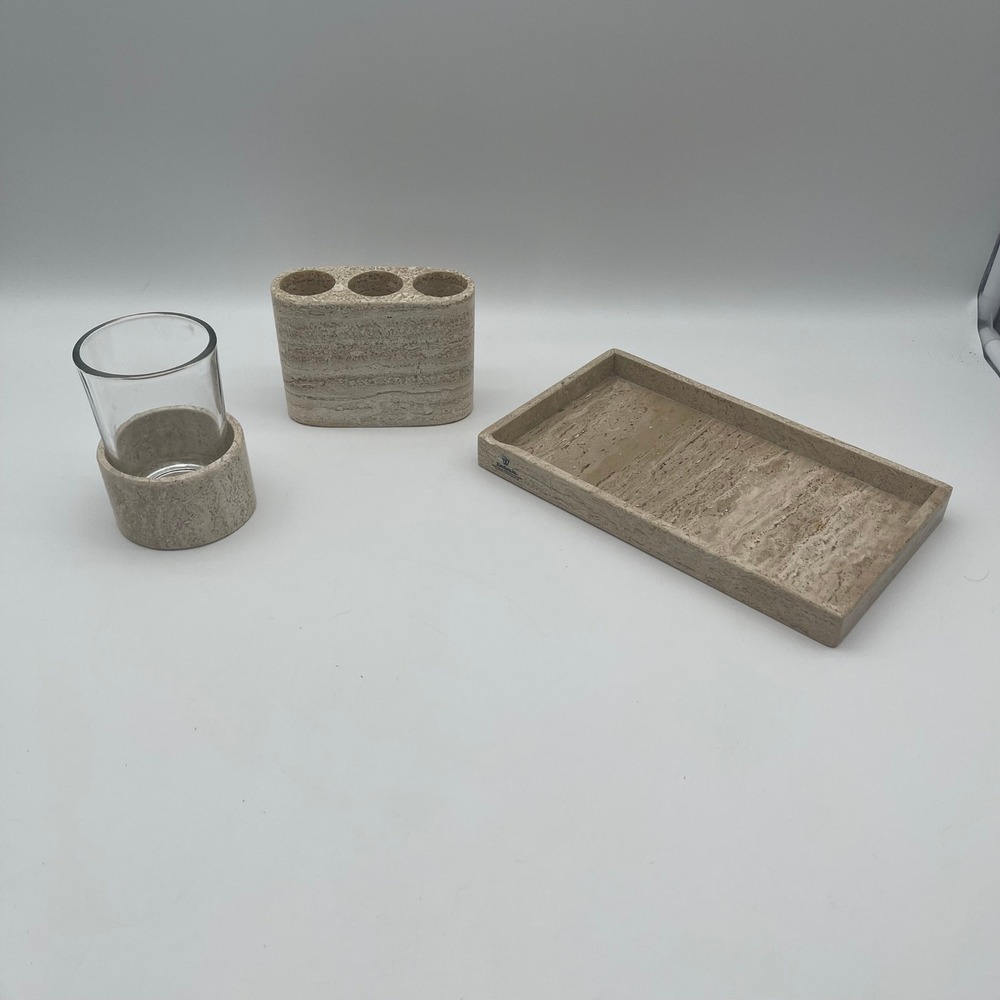 WaterStone Inc Genuine Marble Travertine 3 Piece Bathroom‎ Vanity Accessory Set